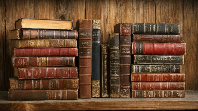 Vintage book collection on wooden shelf cozy library setting still life warm atmosphere artistic perspective literary charm