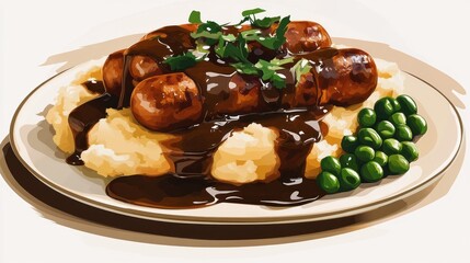 A plate of sausages with gravy served over mashed potatoes and green peas.