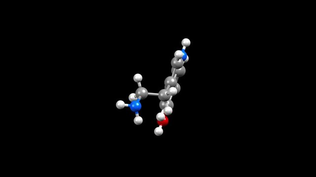 Structure of the hormone serotonin. Animated 3D ball-and-stick and spacefill models, black background
