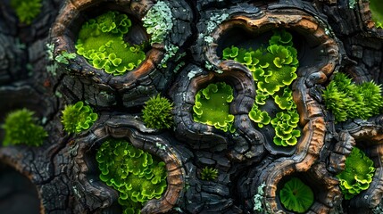 A tree trunk covered in green moss and lichen