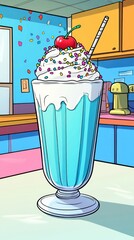 A colorful milkshake topped with whipped cream, sprinkles, and a cherry, served in a tall glass.