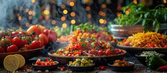 An assortment of freshly prepared homemade dishes and ingredients including various colorful and flavorful vegetables herbs spices and other culinary elements displayed on a rustic wooden table