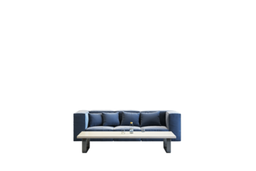 Modern blue sofa with cushions and a wooden coffee table, isolated on a clean white background, element for design layouts. 3D Rendering.
