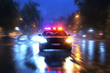 police car with flashing lights on a rainy night, symbolizing law enforcement, emergency response, and urban settings