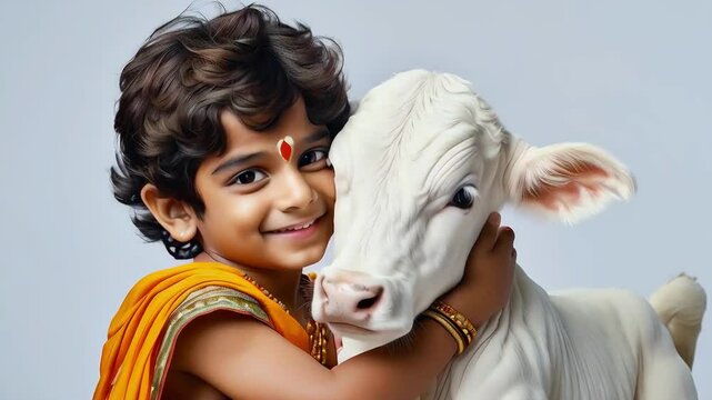 Tender Embrace of Krishna: Boy dressed as Lord Krishna in traditional Indian attire tenderly hugging a calf, love, beauty and serenity