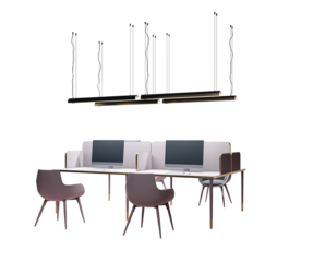 Office desk with computers, cushioned dividers, modern chairs, and pendant lights on white background. Concept of clean office layout. 3D Rendering.