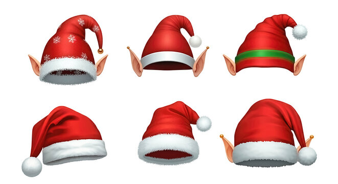 Christmas holiday hat. Funny 3d elf, snow reindeer and santa hats set for Christmas. Vector set of elf clothes isolated on white background