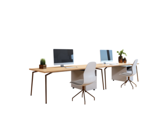 Two modern desks with computers, chairs, and decor elements, arranged on a white background. Concept of workspace or office layout. 3D Rendering.