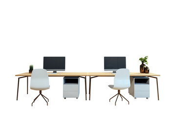 Fototapeta premium Office desk setup with chairs, computer monitors, and potted decor. Isolated on a white background. Modern office furniture concept. 3D Rendering.