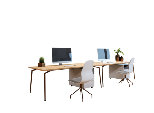 Two modern desks with computers, chairs, and decor elements, arranged on a white background. Concept of workspace or office layout. 3D Rendering.