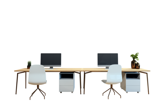 Office desk setup with chairs, computer monitors, and potted decor. Isolated on a white background. Modern office furniture concept. 3D Rendering.