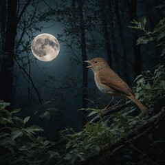 A nightingale singing to the moon in a dark forest.
