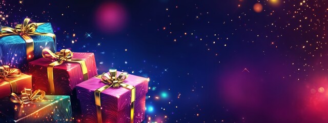 vibrant and glowing gift boxes with blue and purple background