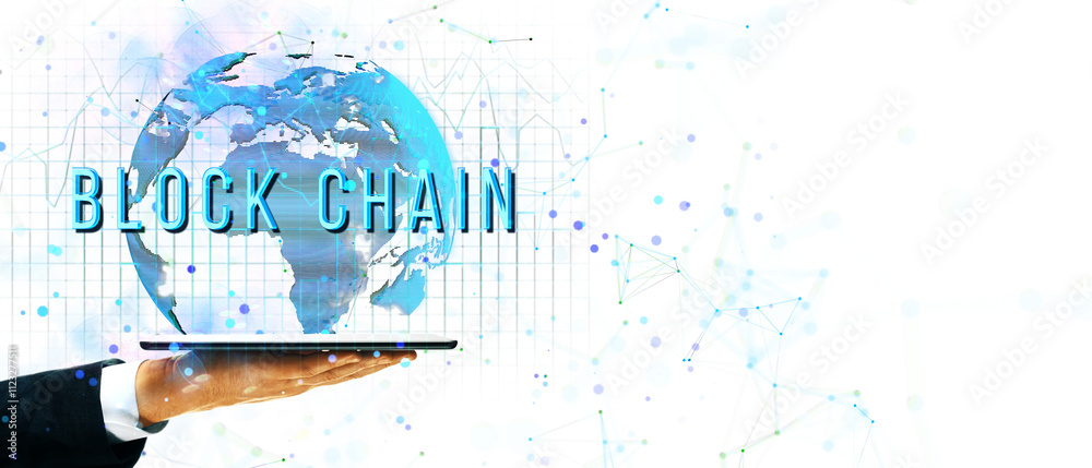 Poster hand holding laptop with floating globe, network lines and blockchain text. minimalist white backgro
