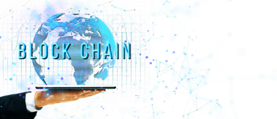 Hand holding laptop with floating globe, network lines and Blockchain text. Minimalist white background. Concept of digital technology