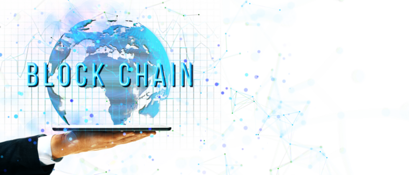 Hand holding laptop with floating globe, network lines and Blockchain text. Minimalist white background. Concept of digital technology