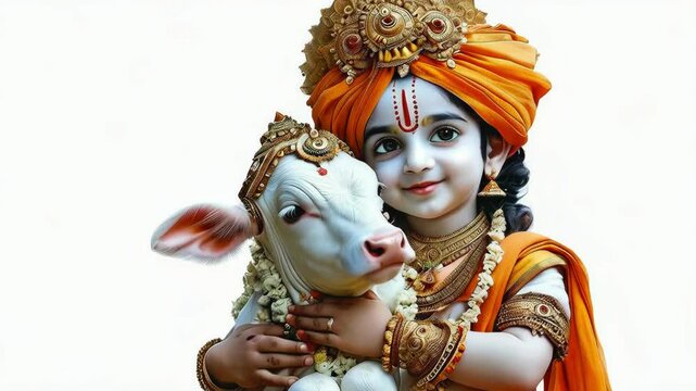 Tender Embrace of Krishna: Boy dressed as Lord Krishna in traditional Indian attire tenderly hugging a calf, love, beauty and serenity