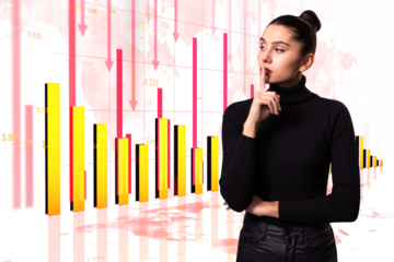 Woman in black sweater posing thoughtfully with finger on lips, colorful bar graphs, and arrows in background, concept of financial analysis