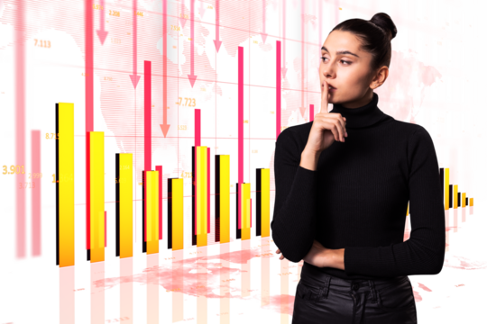Woman in black sweater posing thoughtfully with finger on lips, colorful bar graphs, and arrows in background, concept of financial analysis