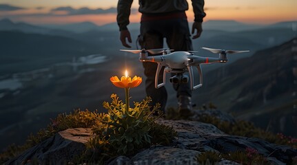 Obraz premium A person controlling a drone at sunset on a mountain with a scenic view of valleys and peaks, surrounded by rocks and flowers