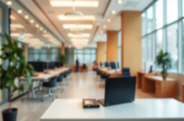 Fototapeta premium Blurred image of a modern, bright office space with workstations, computers, and plants