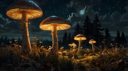 Fototapeta premium A serene night scene with glowing mushrooms under a full moon in a mystical forest landscape
