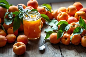 Fresh Apricots and Homemade Apricot Jam in a Rustic Setting