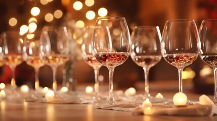 A beautifully arranged row of elegant wine glasses filled with various red and white wines, set on a lavish buffet table adorned with decorative tablecloths and sparkling fairy lights