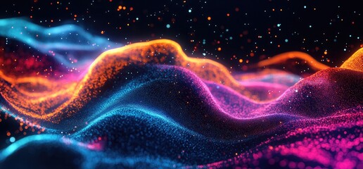 Fototapeta premium Abstract waves of colorful particles create a dynamic, digital landscape.