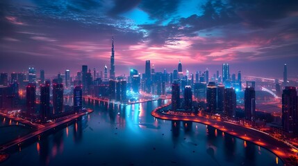 Fototapeta premium A city skyline with a river running through it