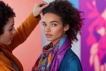 Fototapeta premium Confident woman in colorful scarf, friend adjusting hair