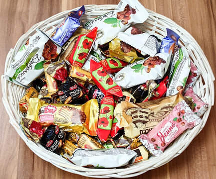 Russian-made chocolates in colorful wrappers
