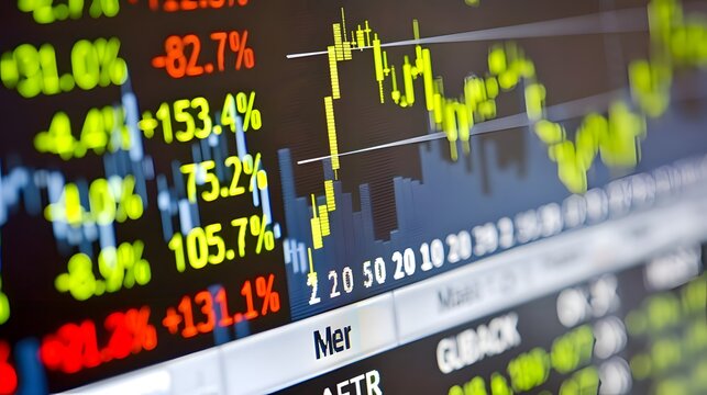 Close-up of digital stock market screen showing upward trend graph, symbolizing stock buyback, financial charts and candlestick patterns in background.