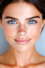Obraz premium A woman with blue eyes and a pinkish tint to her lips. She is smiling and looking at the camera