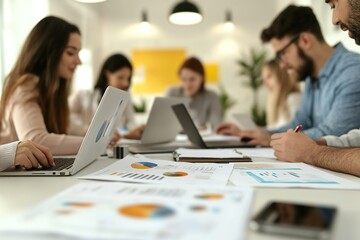 Team analyzing data charts on desk in office meeting