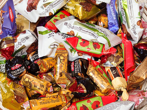 Russian-made chocolates in colorful wrappers.