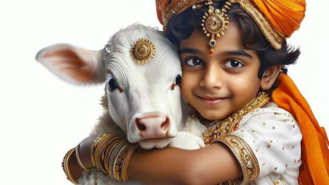 Tender Embrace of Krishna: Boy dressed as Lord Krishna in traditional Indian attire tenderly hugging a calf, love, beauty and serenity