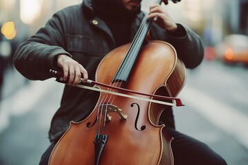 Fototapeta premium Close-up of musician playing cello on urban street, focus on hands and instrument.