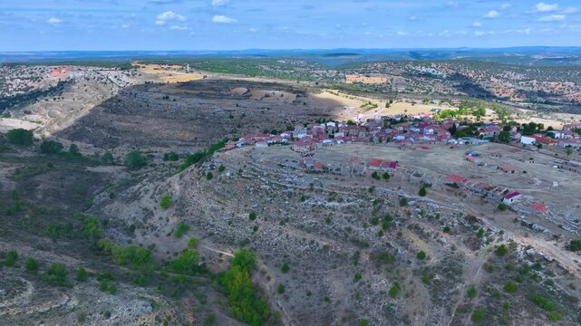 Landscape in the surroundings of the village of Zaorejas. Aerial view from a drone. Molina Alto Tajo Geopark. Alto Tajo Natural Park. Guadalajara Province. Castilla la Mancha. Spain. Europe.