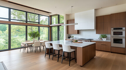 Fototapeta premium Modern kitchen with large windows, natural light, and wooden cabinetry, featuring spacious island and dining area, creating warm and inviting atmosphere