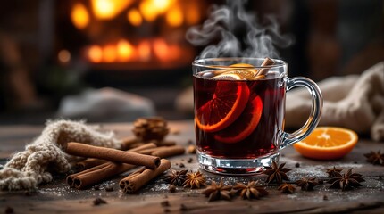 Steaming Cup of Mulled Wine with Cinnamon Sticks Orange Slice and Cloves in Rustic Holiday Setting
