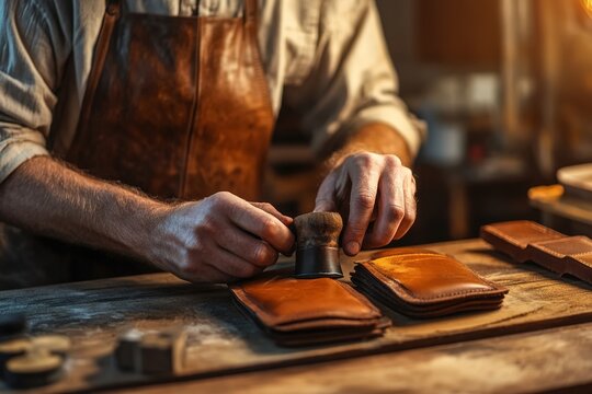 Craftsman hand-stamps leather wallet in workshop