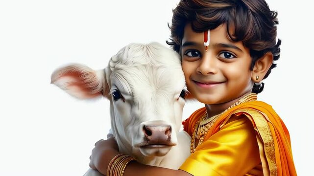 Tender Embrace of Krishna: Boy dressed as Lord Krishna in traditional Indian attire tenderly hugging a calf, love, beauty and serenity
