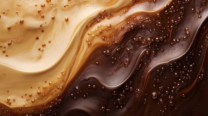 Fototapeta premium splash coffee. A creamy, swirled mixture of coffee hues, featuring rich textures and glistening sugar granules, evoking indulgence and gourmet flavors.