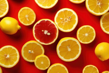 Obraz premium Alternating whole lemons and lemon slices on a bright red background, creating a lively and fresh arrangement.