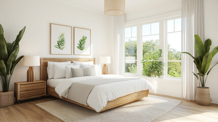 Fototapeta premium A serene and modern bedroom featuring wooden bed frame, soft bedding, and stylish decor. large windows allow natural light to fill space, complemented by indoor plants and elegant lamps