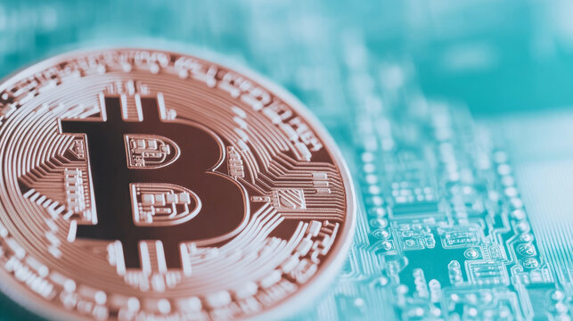 Digital currency Bitcoin is prominently displayed in this close up image, showcasing its intricate design against tech inspired background. image captures essence of cryptocurrency and its modern fina