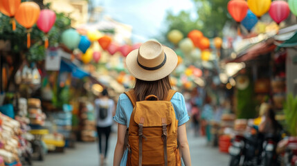 Obraz premium Exploring vibrant market, woman with backpack and straw hat enjoys colorful atmosphere filled with lanterns and lively stalls