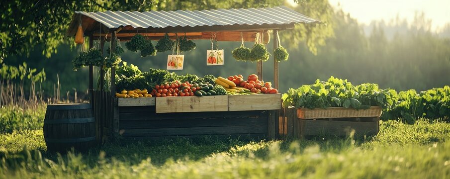 Rustic roadside farm stand brimming with fresh produce in sunlight
