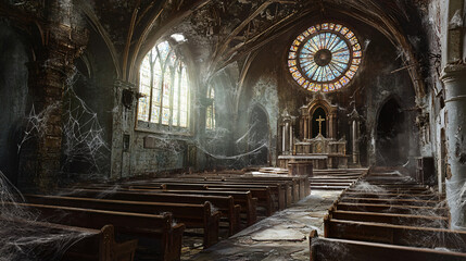 Fototapeta premium A decayed church with crumbling walls and shattered stained-glass windows. The altar is covered in dust, and cobwebs stretch across the pews.